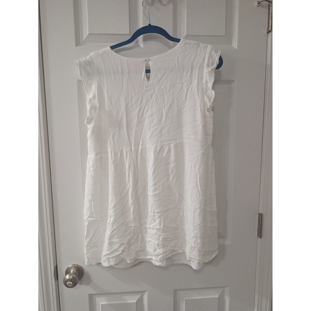 Pink Lily, Large, V-Neck Embroidered White Blouse, Ruffle Sleeve, Babydoll - Picture 3 of 3
